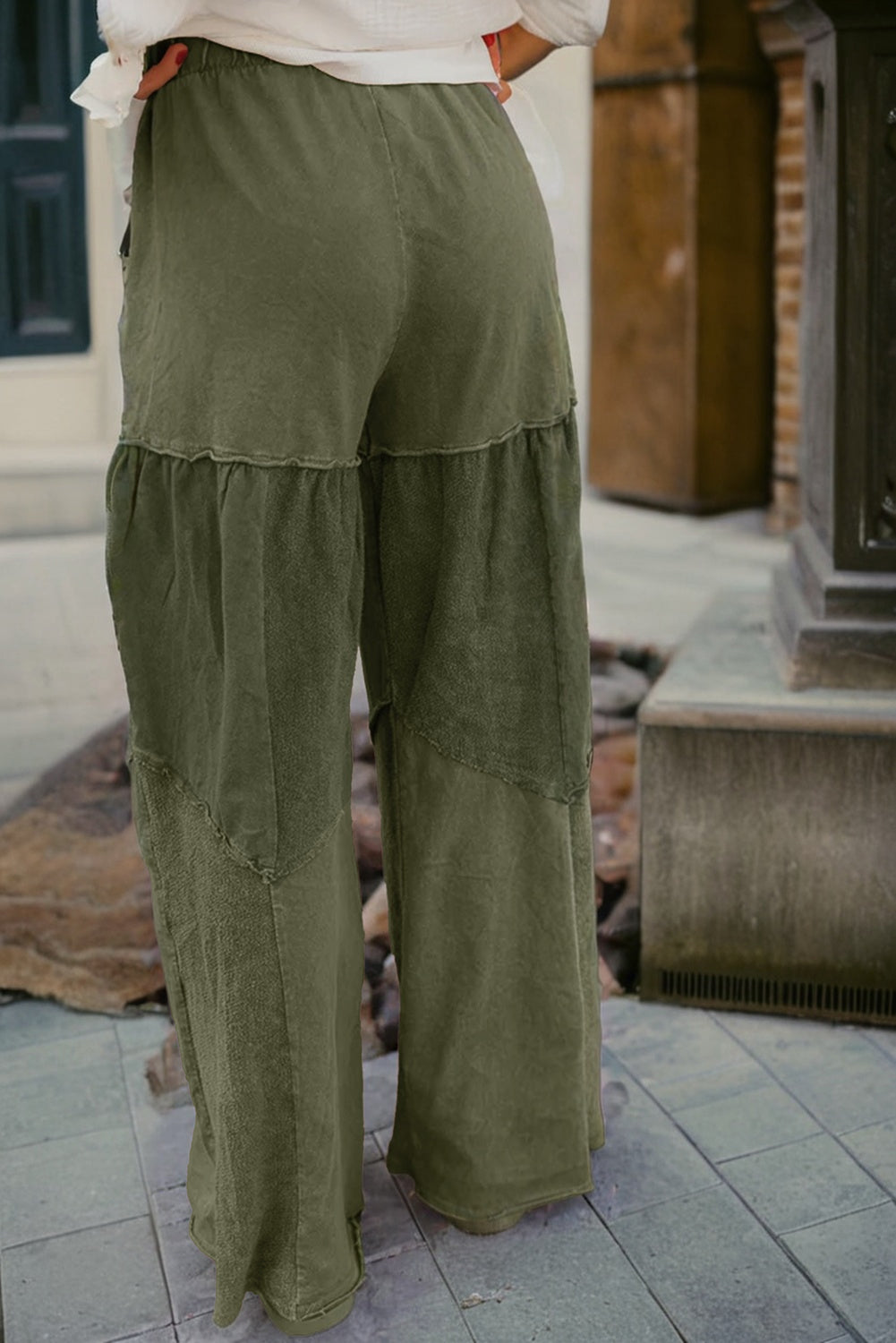 Vineyard Green Mineral Wash Tiered Wide Leg Patchwork Drawstring Pants