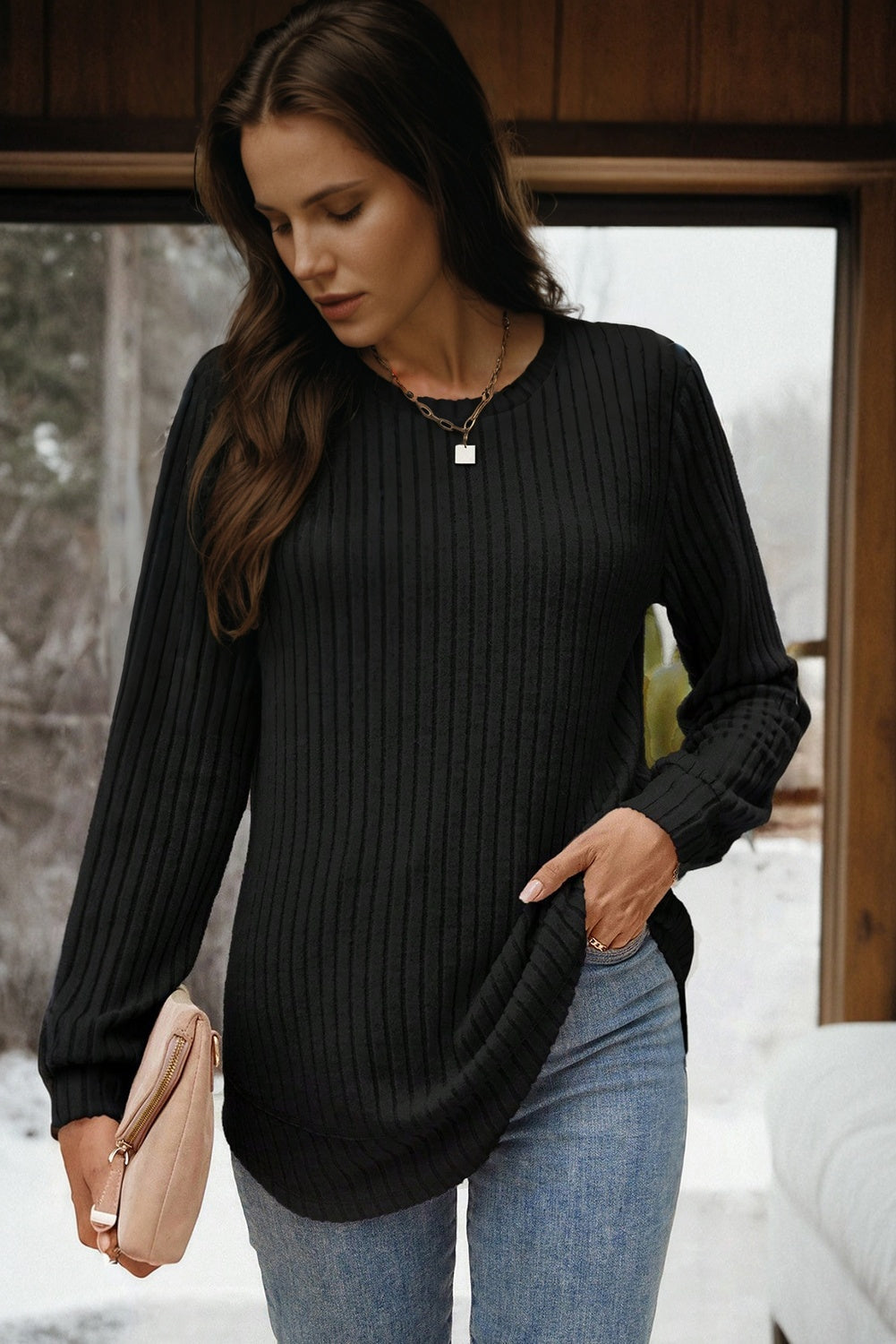 Ribbed Texture Round Neck Long Sleeve Rounded Hem Knit Top