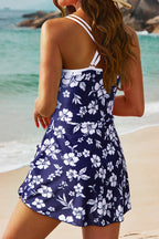 Blue Crossed Back Floral Print Asymmetric Knot Side One Piece Swimsuit