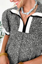 Black Leopard Print Contrast Striped Trim Polo Collar Short Sleeve Dress with Pockets