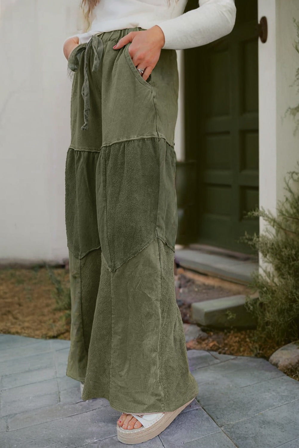Vineyard Green Mineral Wash Tiered Wide Leg Patchwork Drawstring Pants