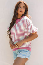 Bright Green Contrast Detail Striped Ruffle Short Sleeve Top