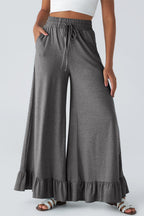 Medium Grey Ruffled Wide Leg Pull On High Waist Pants with Pockets