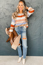 Pink Striped Colorblock Round Neck Drop Shoulder Sweater
