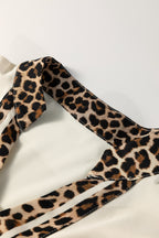 Jet Stream Leopard Patchwork Trim Split Neck Short Sleeve Blouse