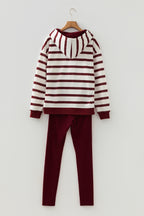 Red Stripe Pullover Hoodie Ribbed Solid Pants 2pcs Set Outfit