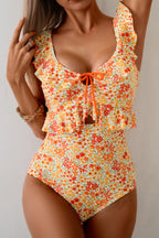Orange Ruffled Trim Keyhole Accent Floral One Piece Swimsuit