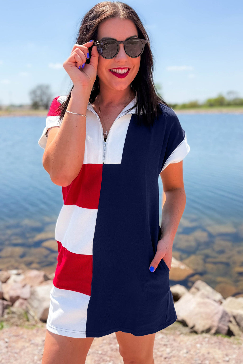Navy Blue Americana Colorblock Stripes Zip up Collared T Shirt Mini Dress