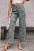 Grey Leopard Frayed Edge Wide Leg High Waist Jeans