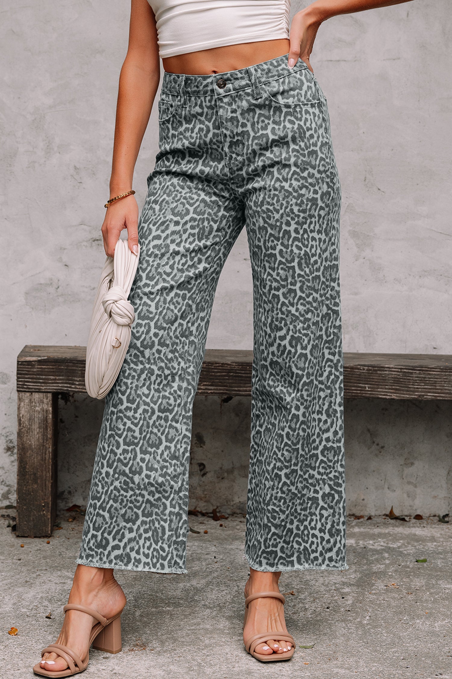 Grey Leopard Frayed Edge Wide Leg High Waist Jeans