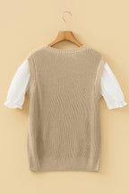 Light French Beige Round Neck Knit Contrast Short Sleeve Patchwork Sweater Top