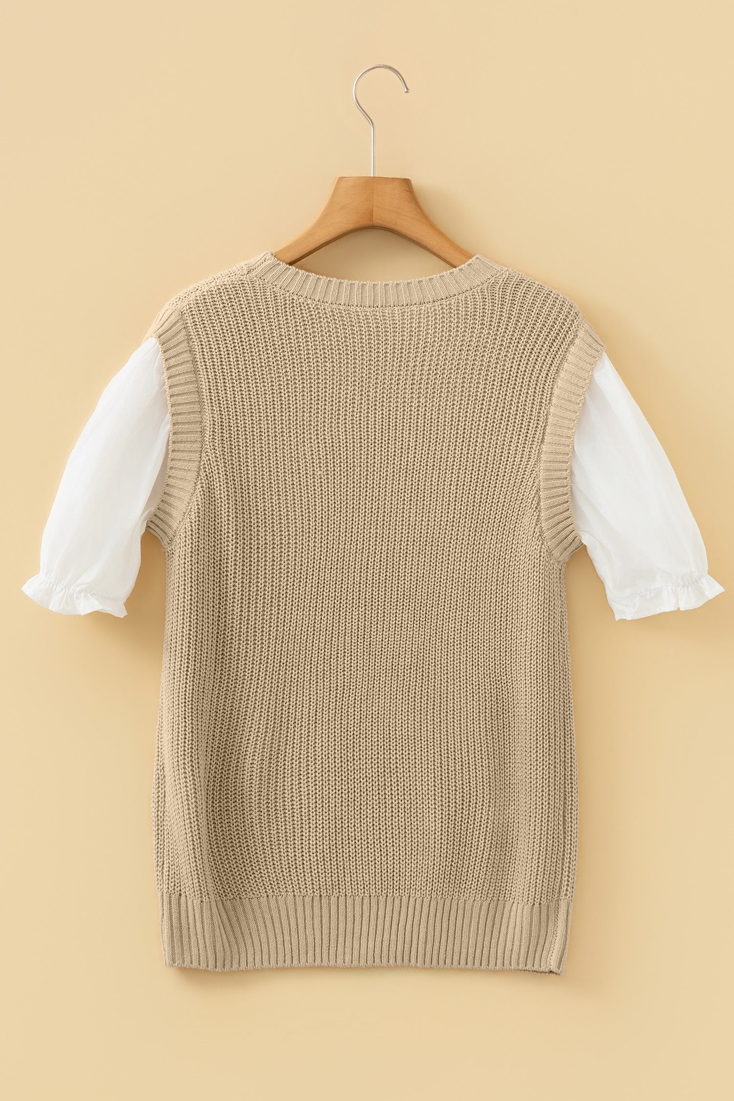 Light French Beige Round Neck Knit Contrast Short Sleeve Patchwork Sweater Top
