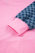 Parchment Checkered Patchwork Kangaroo Pocket Half Zipper Hoodie