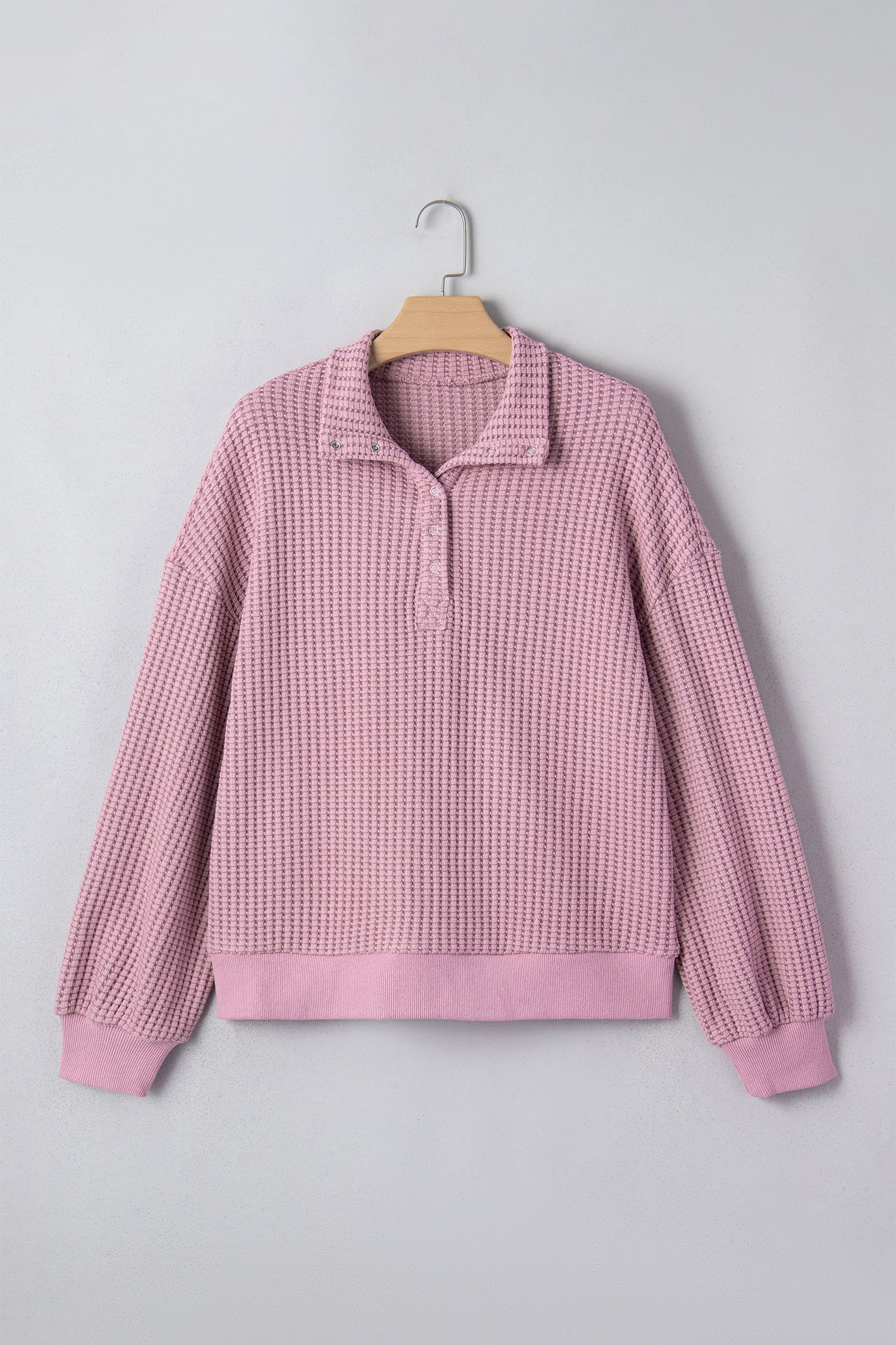 Light Pink Solid Color Textured Snap Button Collared Baggy Top