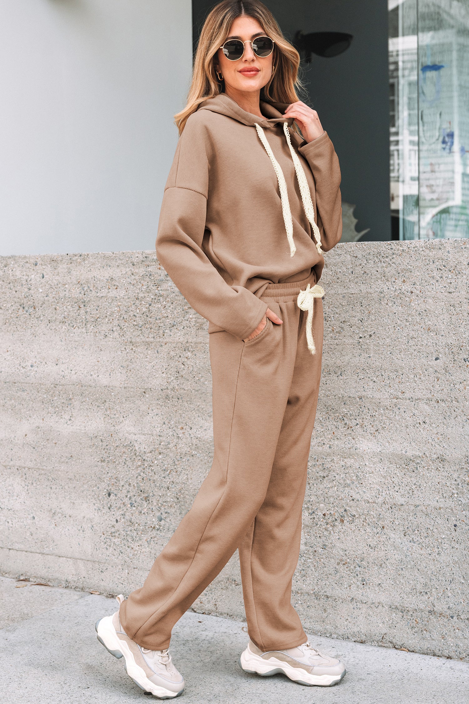 Leopard Drawstring Pullover Hoodie and High Waist Pants Corduroy Suit