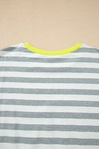 Gray Stripe Contrast Ribbed Banding Long Sleeve Blouse Loose Shorts Set