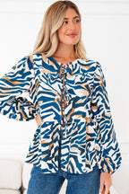 Blue Zebra Print Tied Front Puff Sleeve Top