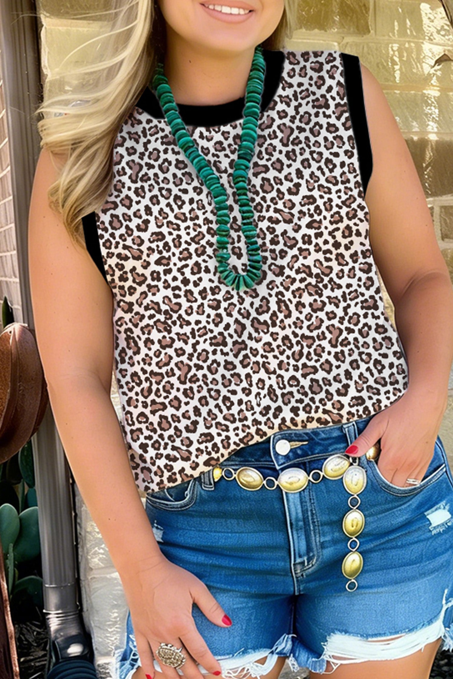 Khaki Contrast Trim Plus Size Leopard Vest