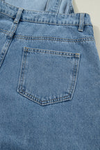 Dusk Blue Pleated Wide Leg Retro Pocketed Denim Jumpsuit