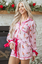 Pink Nutcracker Print Contrast Trim Tied up Bow Silky 2pcs Pajama Set