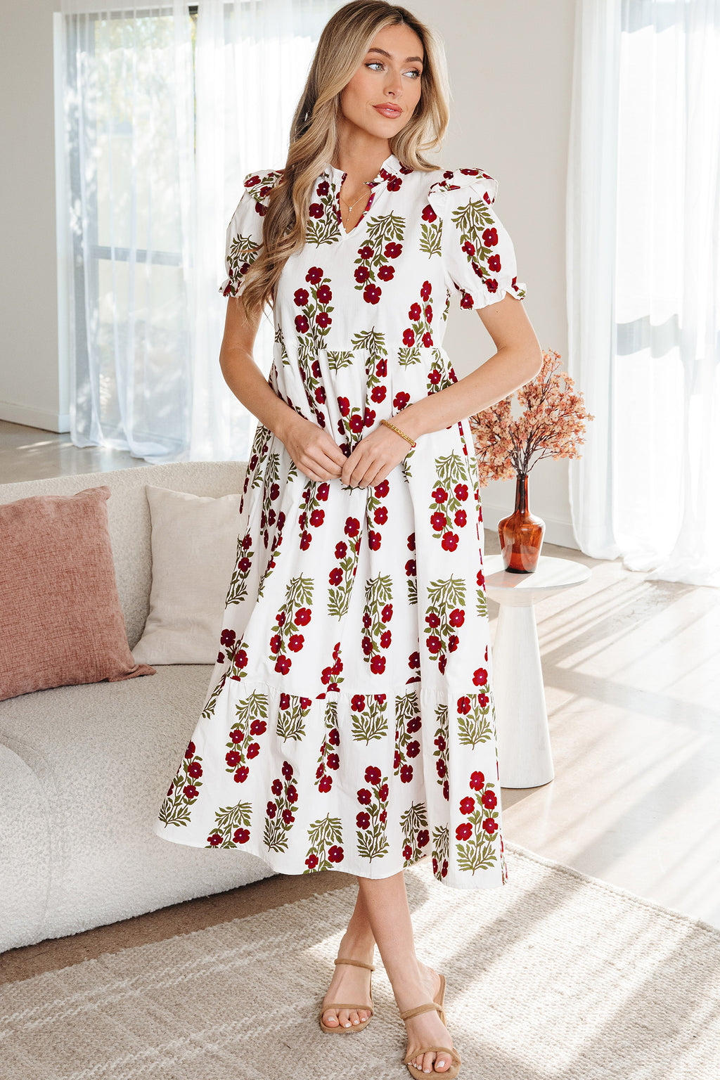 Floral Short Bubble Sleeve Tiered Maxi Dress