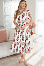 Floral Short Bubble Sleeve Tiered Maxi Dress