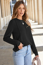 Black Solid Exposed Seam Crew Neck Long Sleeve Top