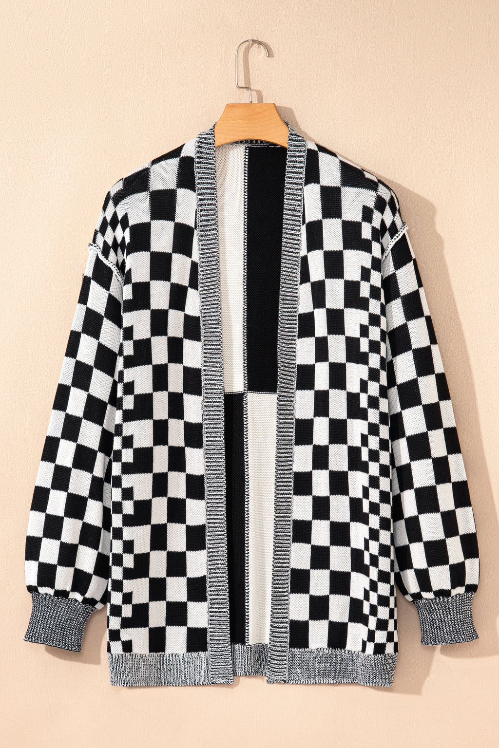Black Checkered Bubble Sleeve Drop Shoulder Open Plus Size Cardigan