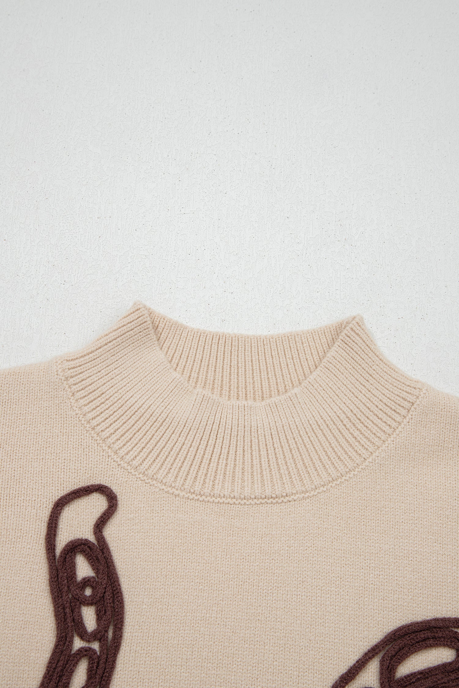 Parchment Corded Horseshoes Ribbed Trim Mock Neck Short Sleeve Sweater