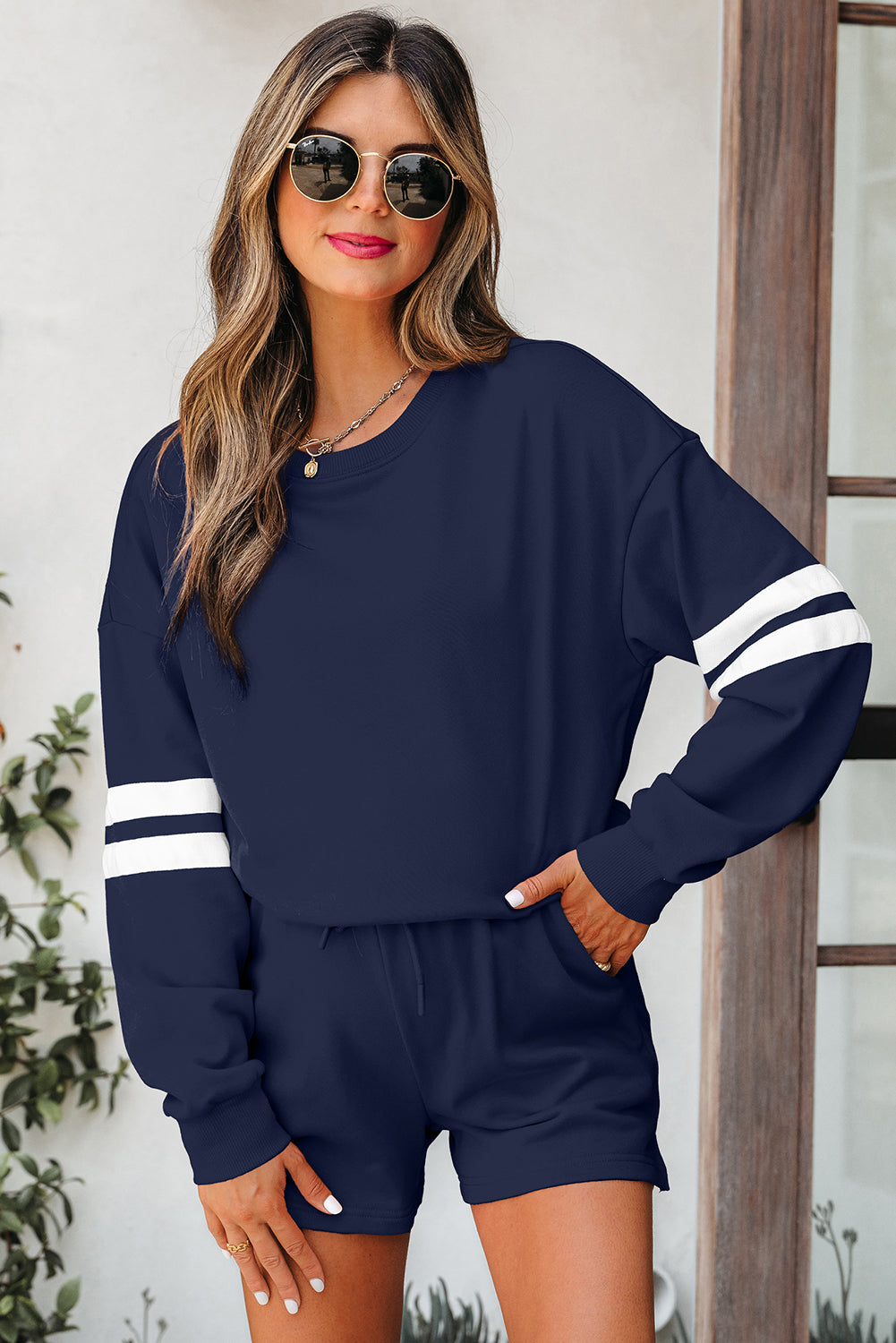 Varsity Striped Sleeve Drop Shoulder Sweatshirt and Short Set