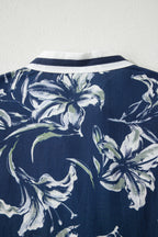 Blue Floral Print Short Puff Sleeve Striped Trim V Neck Blouse