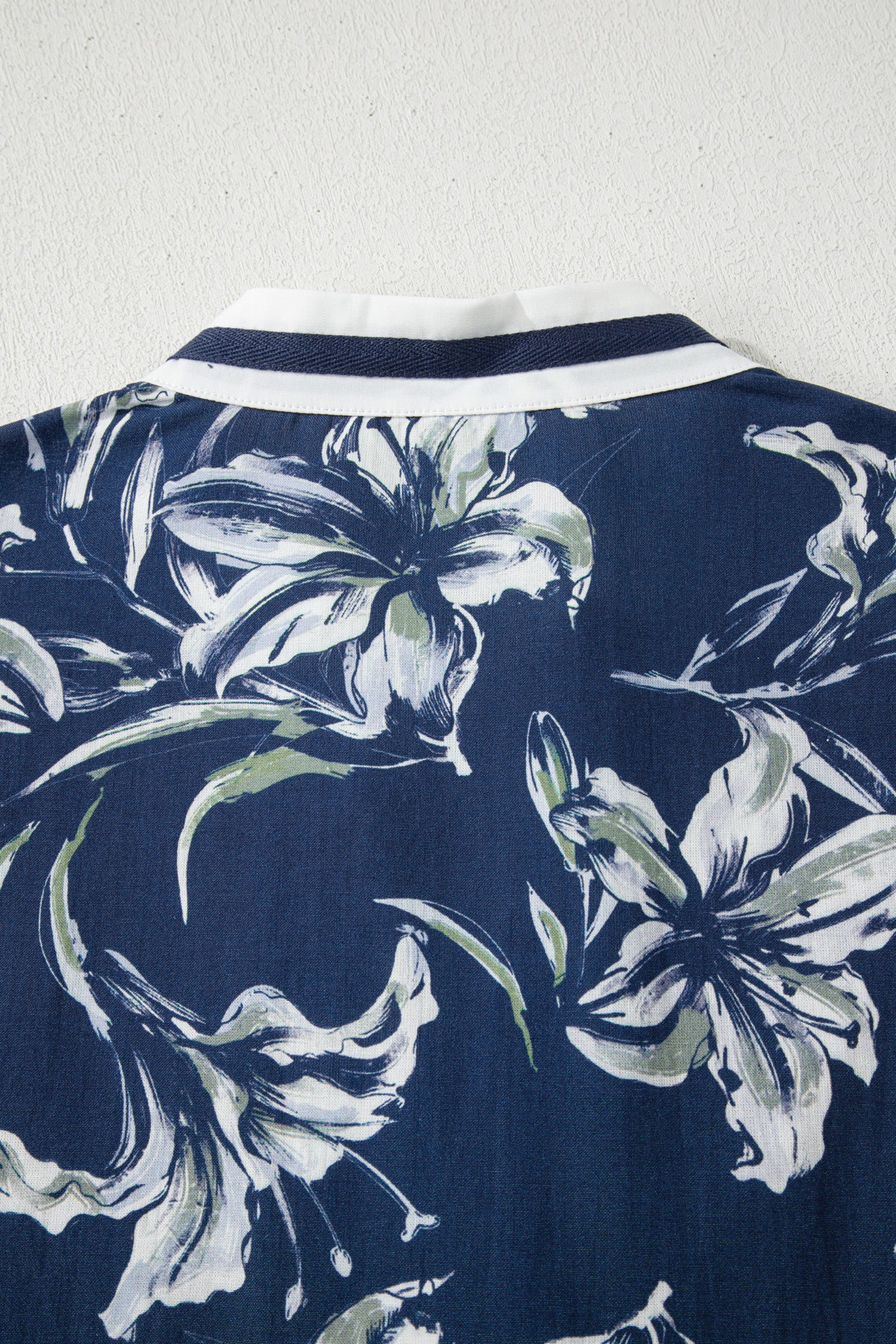 Blue Floral Print Short Puff Sleeve Striped Trim V Neck Blouse