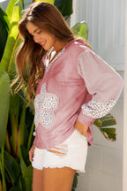 Floral Patched Waffle Textured Colorblock V Neck Casual Hooded Top