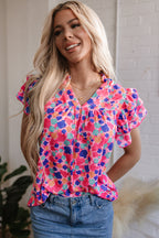 Rose Red Abstract Print Ruffled Sleeve V Neck Blouse