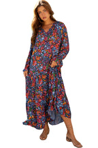Blue Floral Print Tassel Tie V Neck Long Sleeve Flowy Long Dress