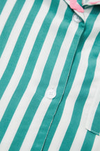 Green Stripe Contrast Ricrac Trim Long Sleeve Shirt Drawstring Ruffled Pyjama Short Set