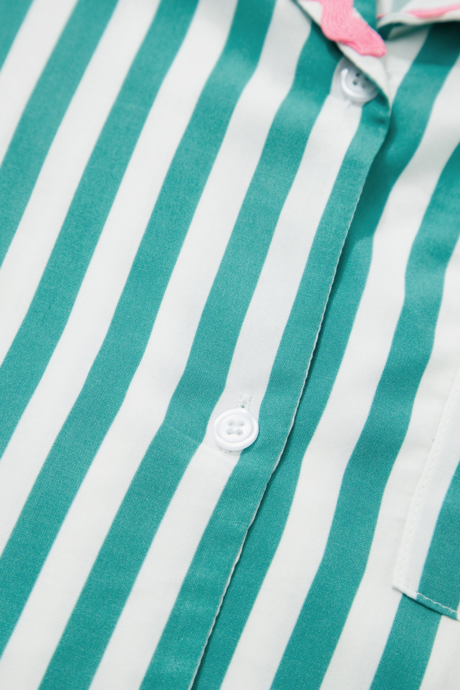 Green Stripe Contrast Ricrac Trim Long Sleeve Shirt Drawstring Ruffled Pyjama Short Set