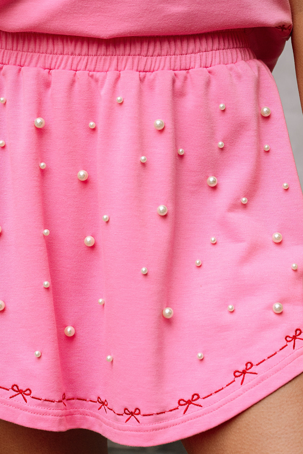 Pink Contrast Bow Trim Pearl Puff Sleeve Blouse and Skort 2pcs Set