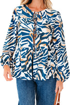 Blue Zebra Print Tied Front Puff Sleeve Top