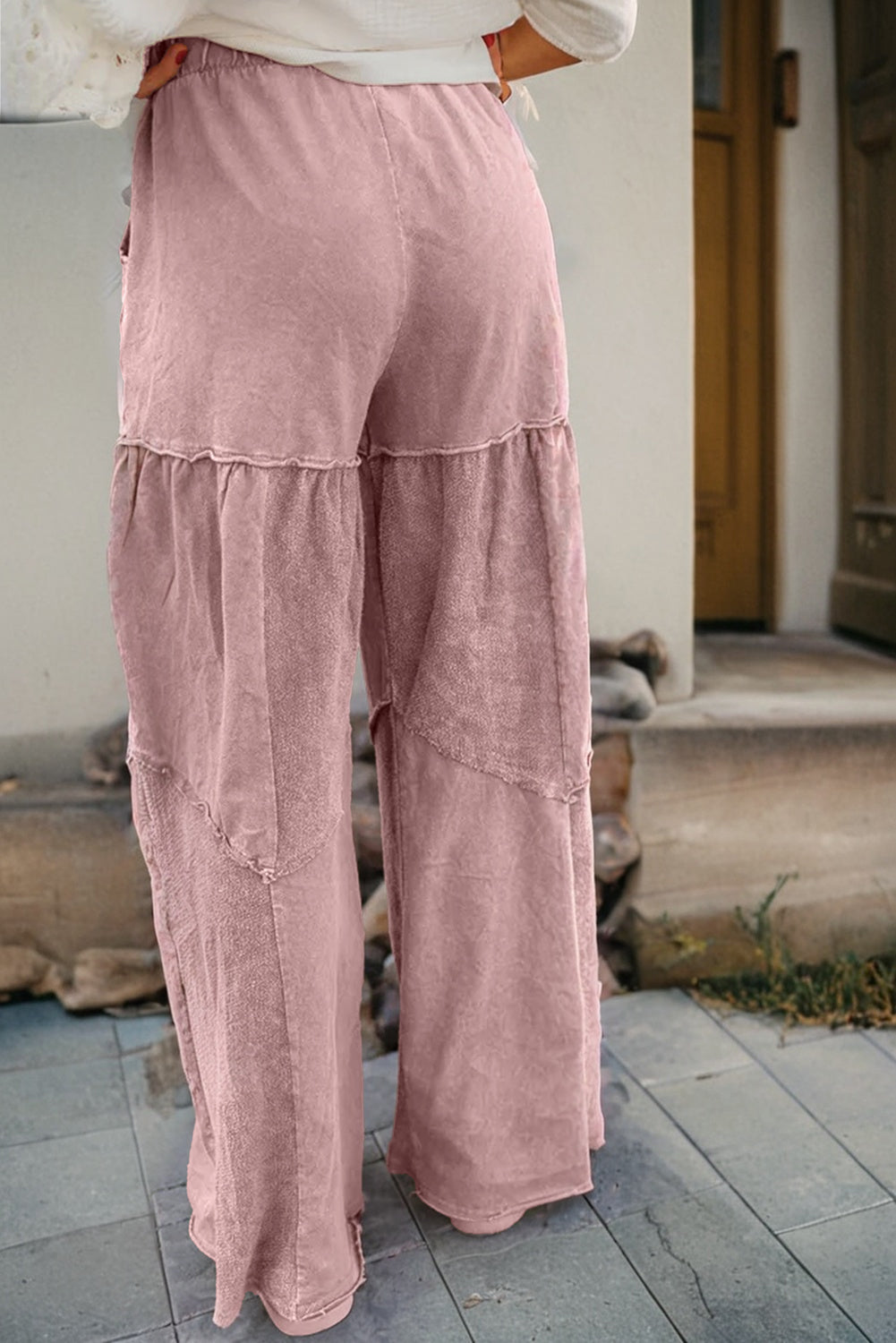 Vineyard Green Mineral Wash Tiered Wide Leg Patchwork Drawstring Pants
