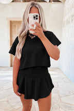Beige 2pcs Cropped Tee and Ruffle High Waist Skort Set