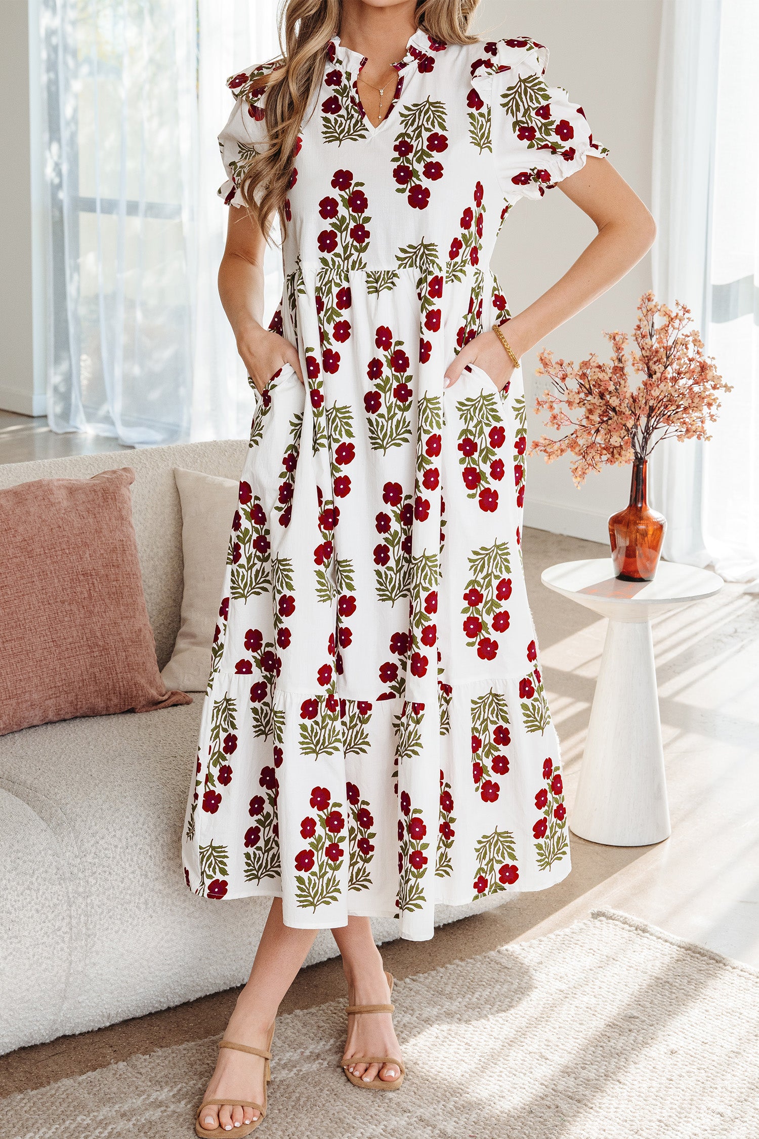 Floral Short Bubble Sleeve Tiered Maxi Dress