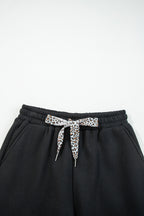Black Fleece Lined Leopard Drawstring Elastic Waist Solid Pants