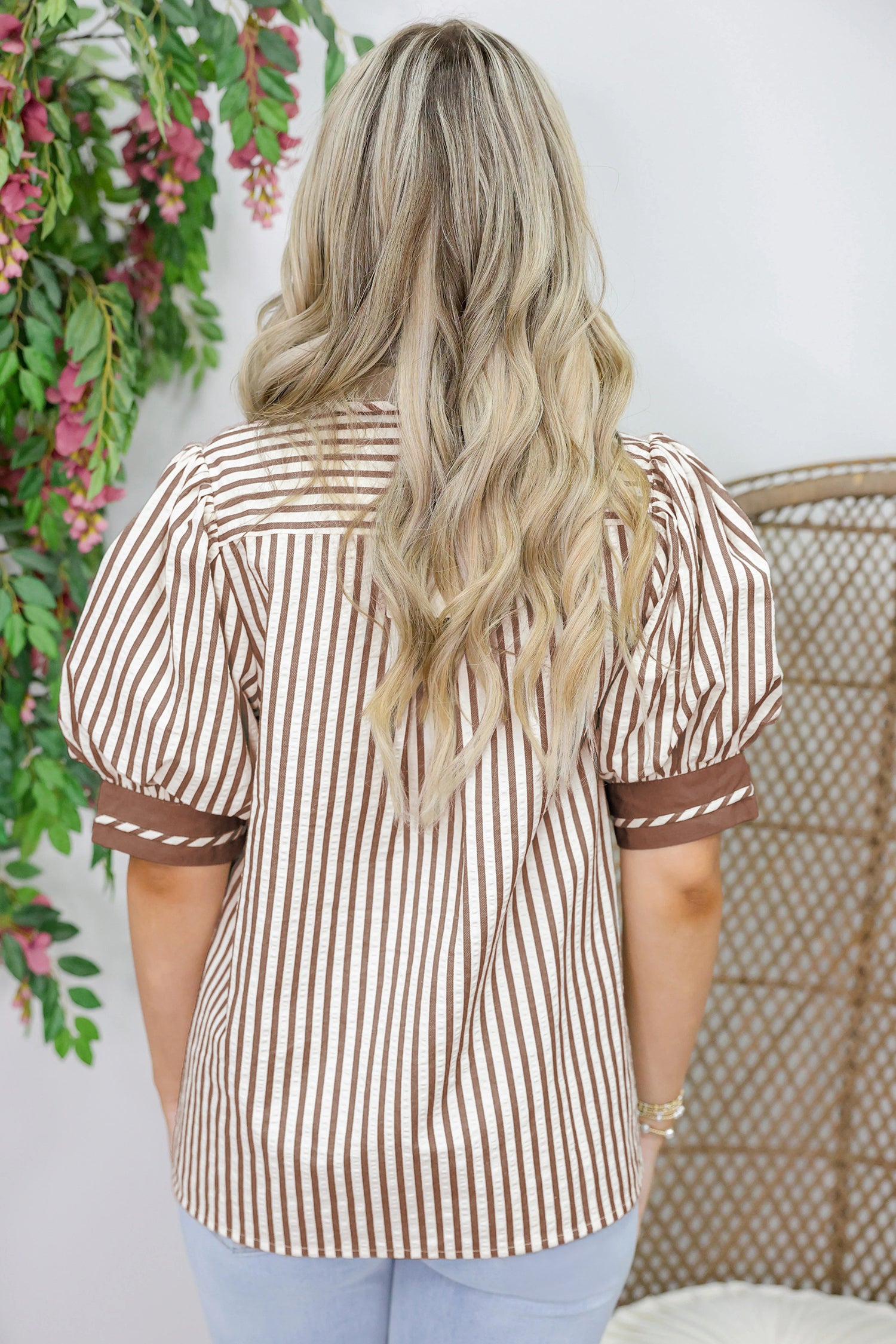 Khaki Stripe Collared Split Neck Short Bubble Sleeve Blouse