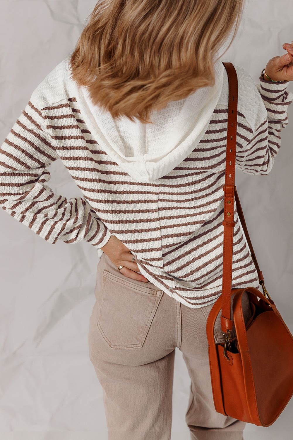 Striped Textured Hooded V Neck Casual Long Sleeve Top