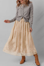 Oatmeal Embroidered Mesh Overlay Flowy Long Skirt