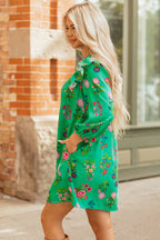 Green Floral Ruffled Three Quarter Sleeve Buttoned Mini Dress