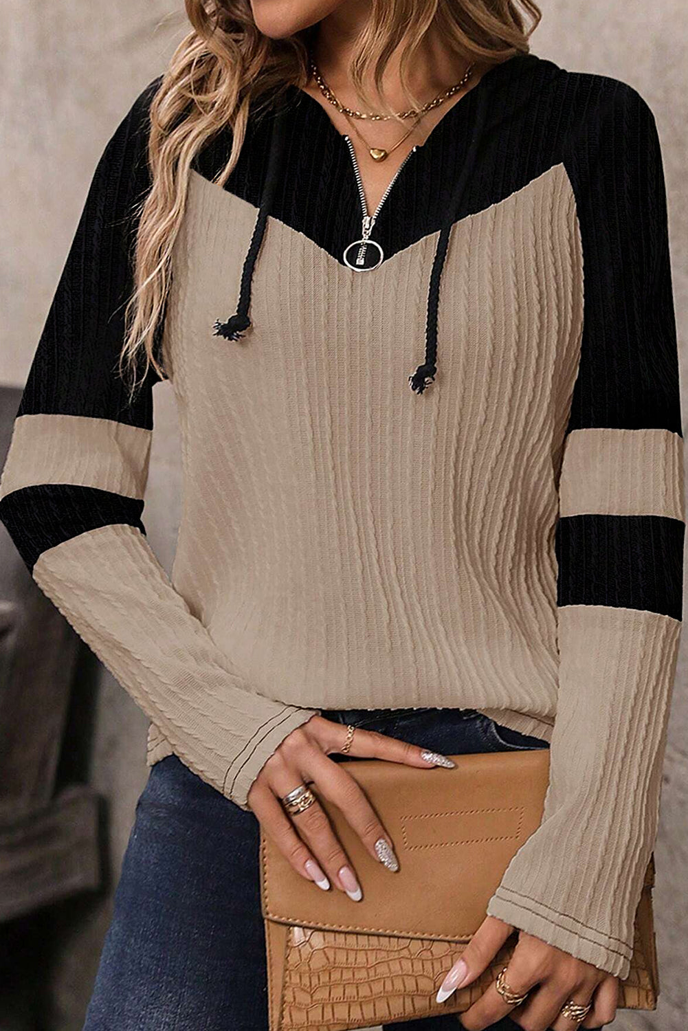 Parchment Textured Colorblock Long Sleeve Quarter Zip Drawstring Hooded Top