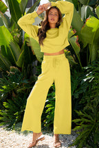Light Pink Drop Shoulder Puff Sleeve Crop Pullover Drawstring Wide Leg Pants Set