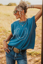 Light Blue Horse Shoe Embroidered Loose Short Sleeve Sweater